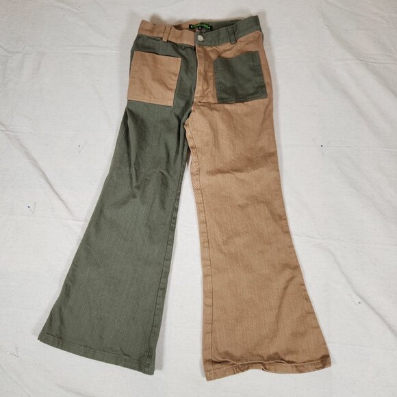 Tunnel Vision Patchwork Jeans Womens Medium Green Tan Flare Skater Streetware - Picture 1 of 14